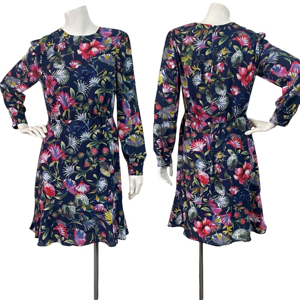 J. Crew Navy Blue Floral Print Flouncy Hem Long Sleeve Crew Neck Dress 2